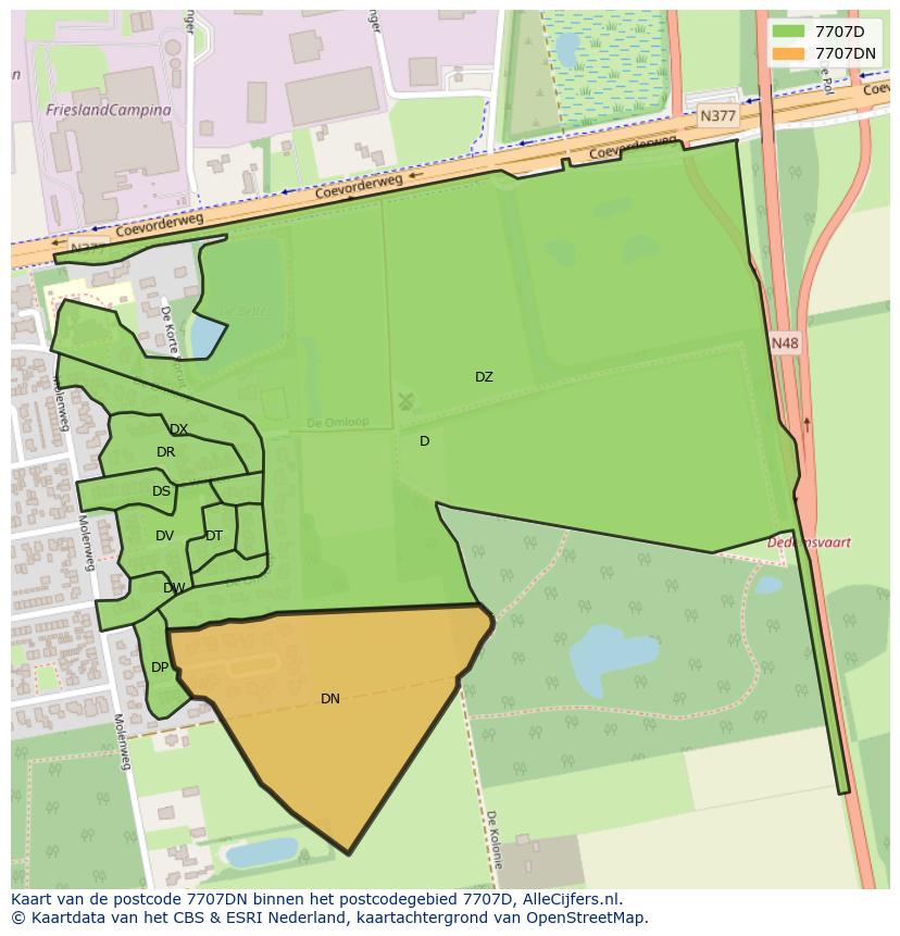 Afbeelding van het postcodegebied 7707 DN op de kaart.