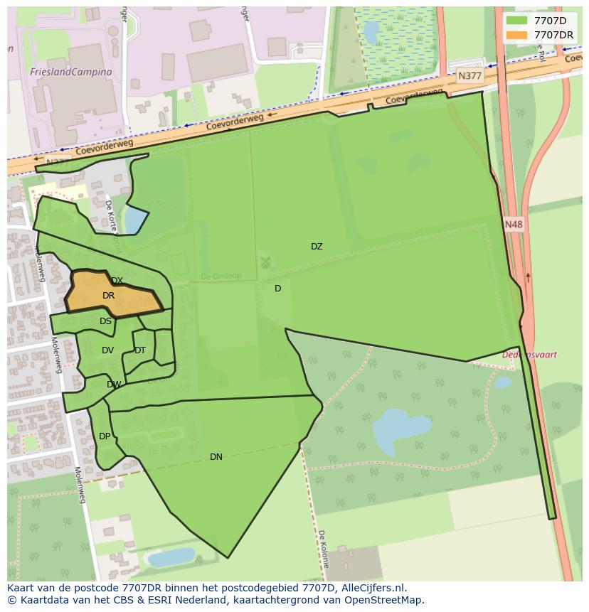 Afbeelding van het postcodegebied 7707 DR op de kaart.