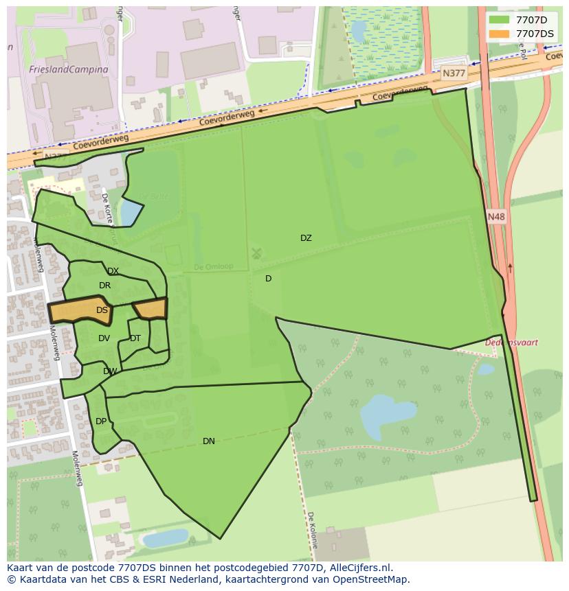 Afbeelding van het postcodegebied 7707 DS op de kaart.