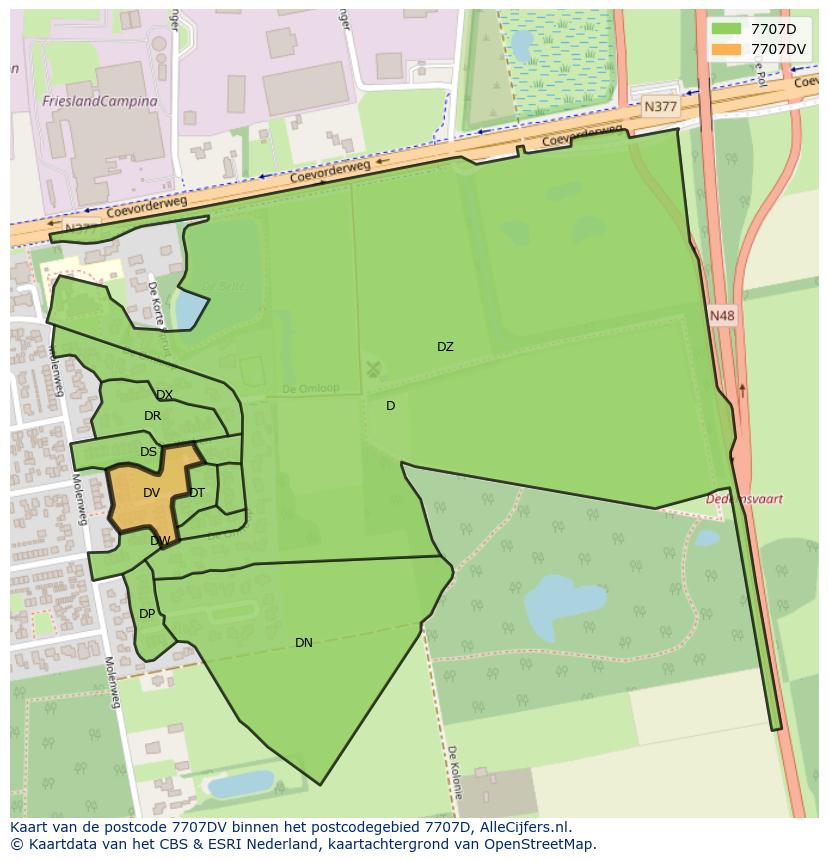 Afbeelding van het postcodegebied 7707 DV op de kaart.