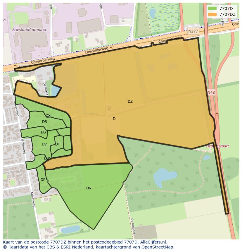 Afbeelding van het postcodegebied 7707 DZ op de kaart.