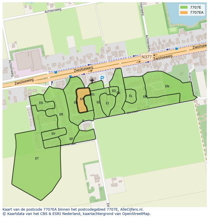Afbeelding van het postcodegebied 7707 EA op de kaart.