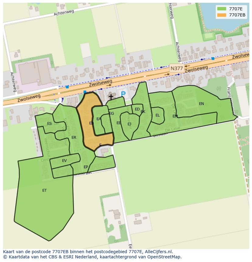 Afbeelding van het postcodegebied 7707 EB op de kaart.