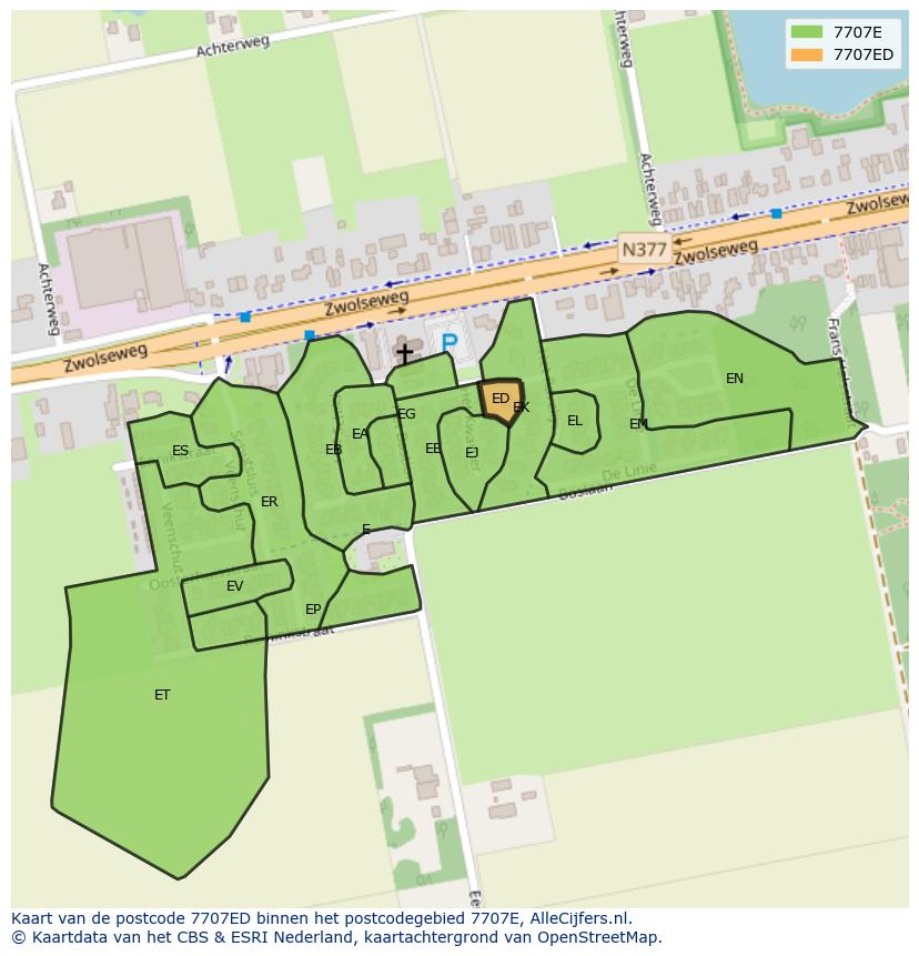 Afbeelding van het postcodegebied 7707 ED op de kaart.