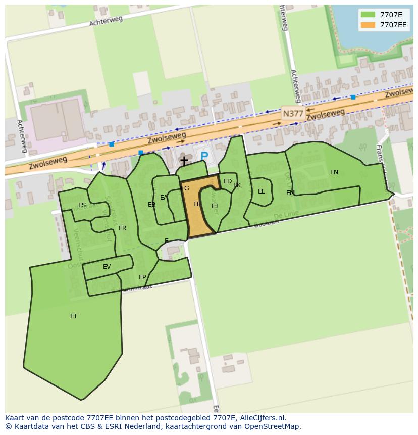 Afbeelding van het postcodegebied 7707 EE op de kaart.