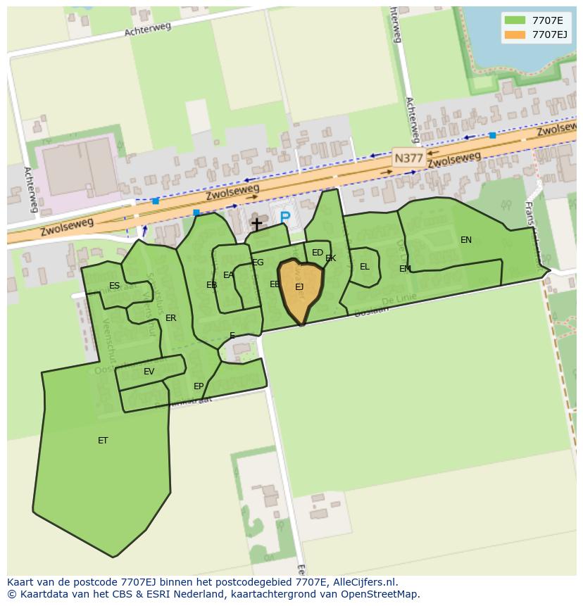 Afbeelding van het postcodegebied 7707 EJ op de kaart.