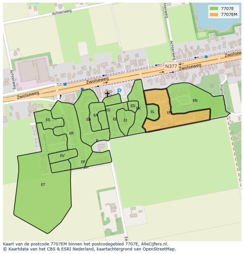 Afbeelding van het postcodegebied 7707 EM op de kaart.