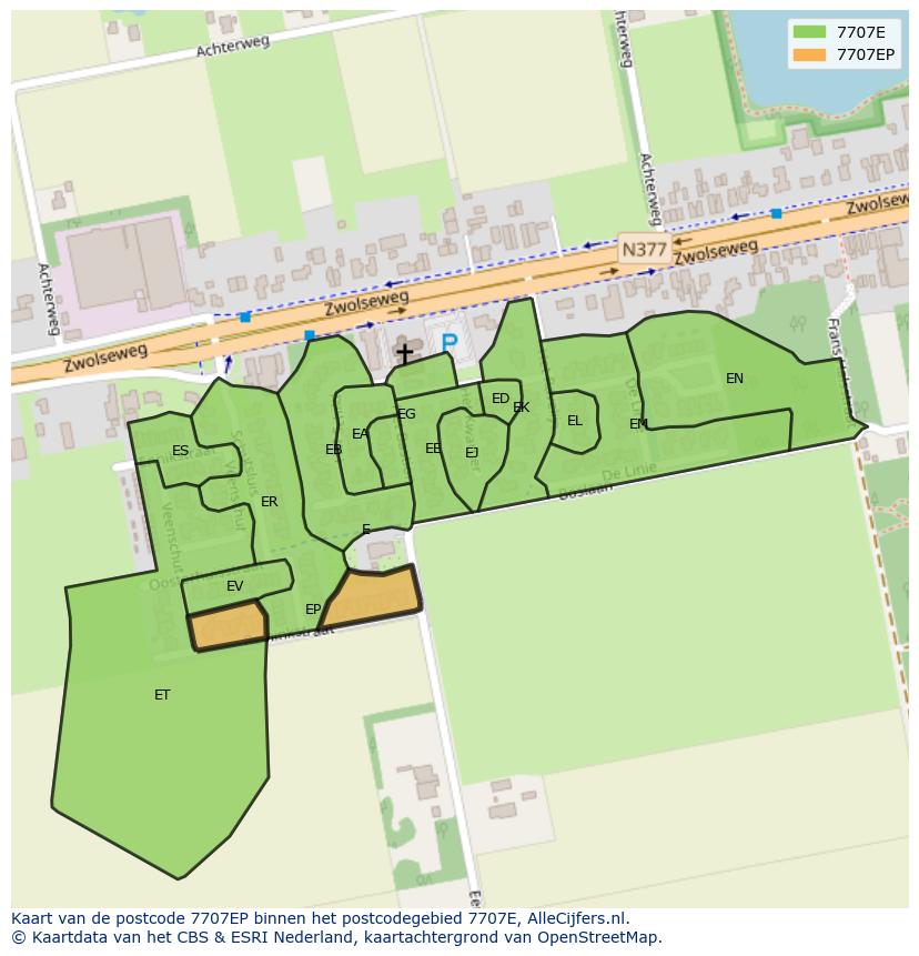 Afbeelding van het postcodegebied 7707 EP op de kaart.