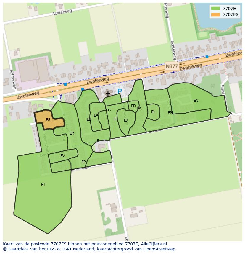 Afbeelding van het postcodegebied 7707 ES op de kaart.