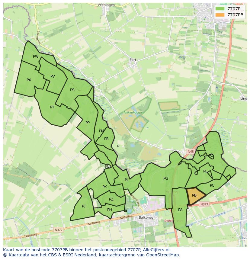 Afbeelding van het postcodegebied 7707 PB op de kaart.