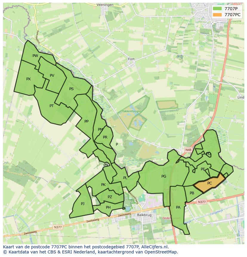 Afbeelding van het postcodegebied 7707 PC op de kaart.