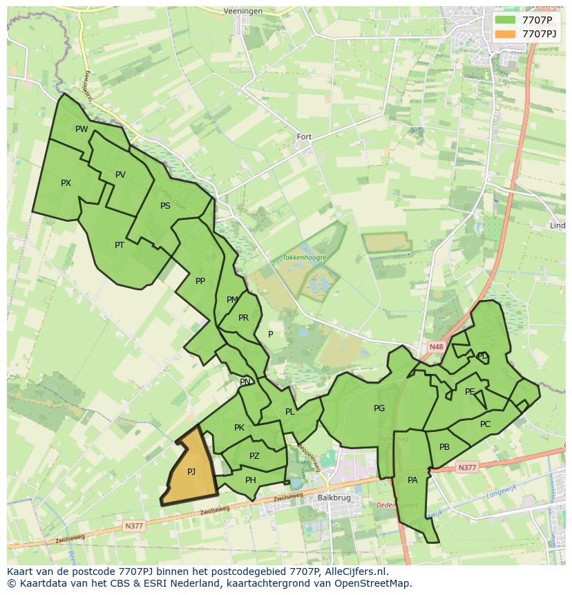 Afbeelding van het postcodegebied 7707 PJ op de kaart.