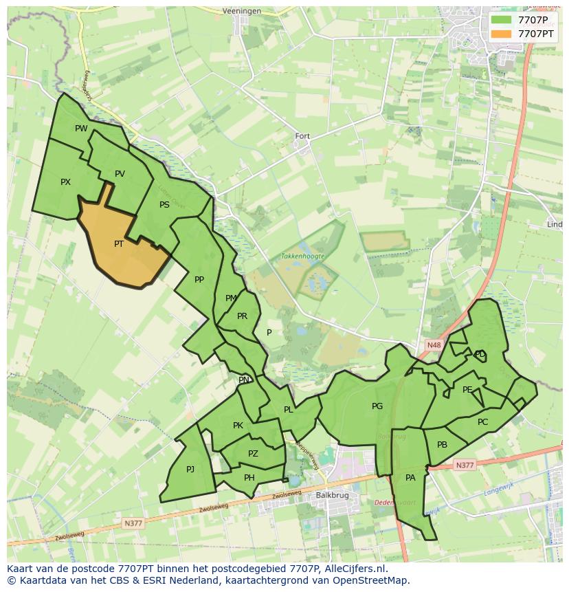 Afbeelding van het postcodegebied 7707 PT op de kaart.