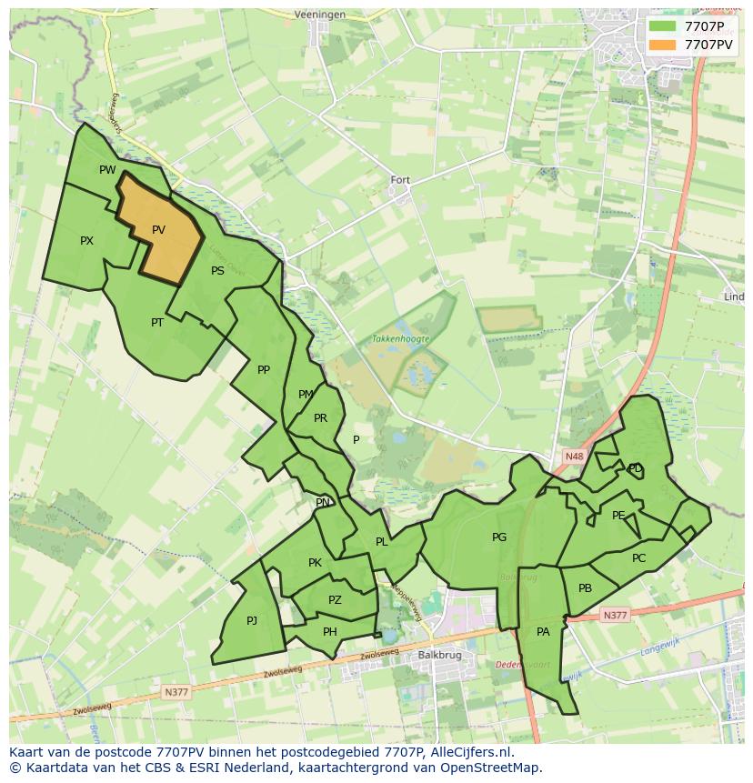 Afbeelding van het postcodegebied 7707 PV op de kaart.