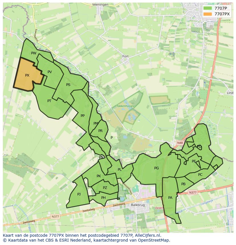 Afbeelding van het postcodegebied 7707 PX op de kaart.