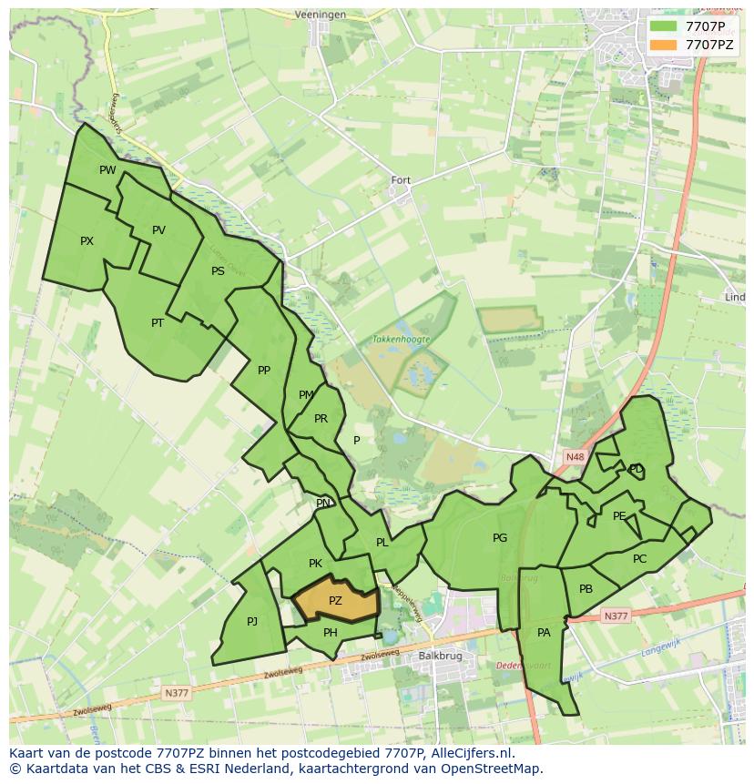 Afbeelding van het postcodegebied 7707 PZ op de kaart.