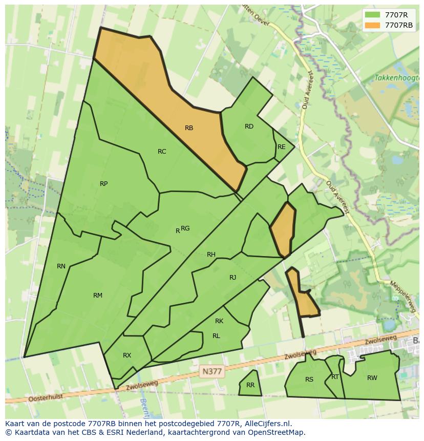 Afbeelding van het postcodegebied 7707 RB op de kaart.