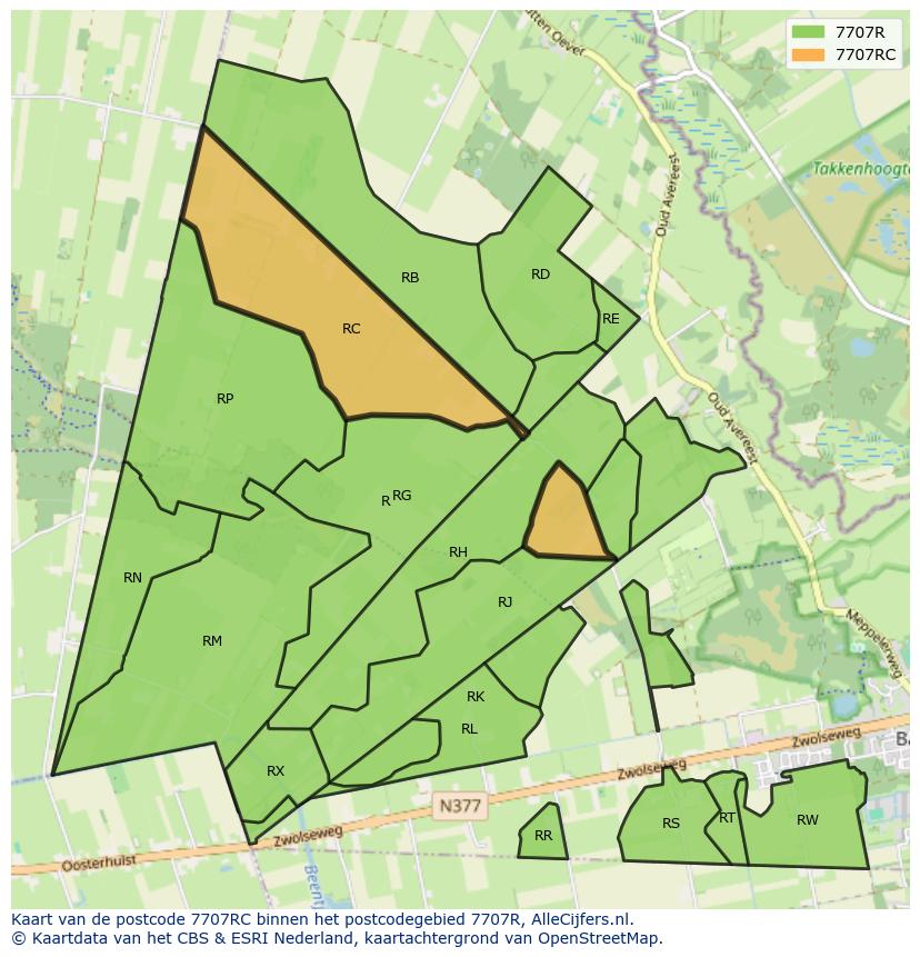 Afbeelding van het postcodegebied 7707 RC op de kaart.