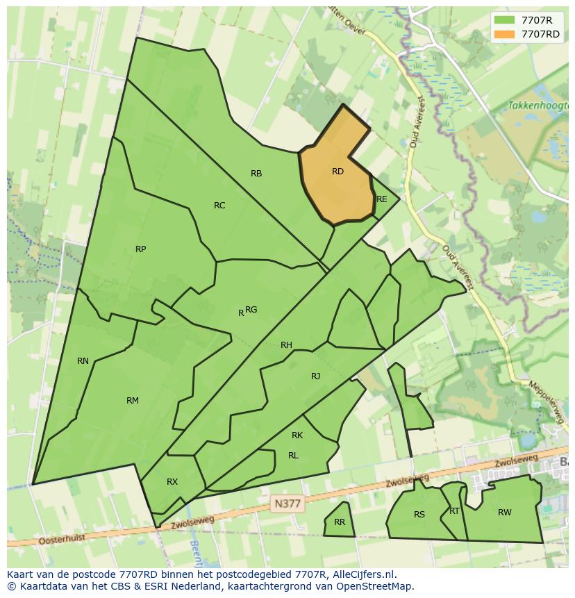 Afbeelding van het postcodegebied 7707 RD op de kaart.