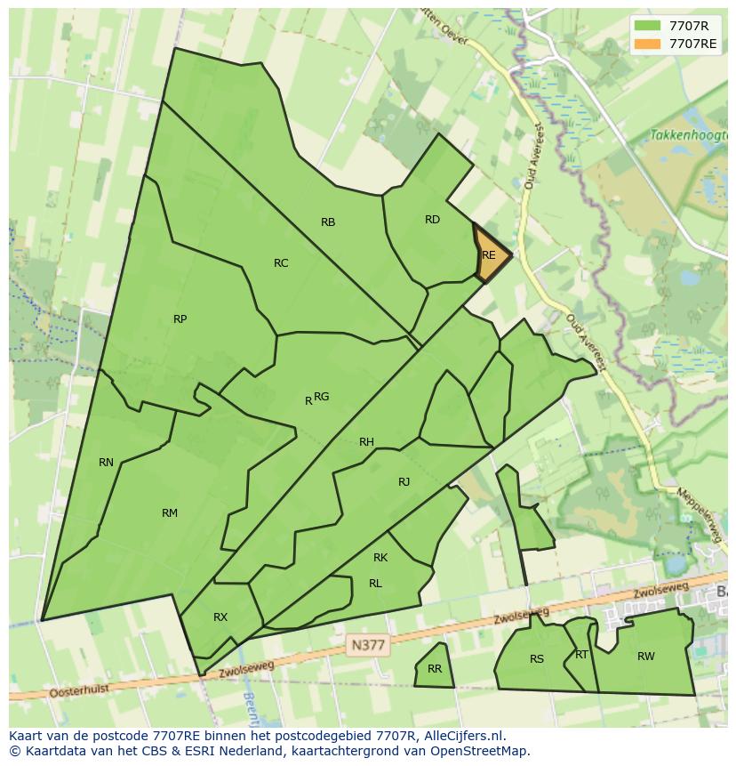 Afbeelding van het postcodegebied 7707 RE op de kaart.