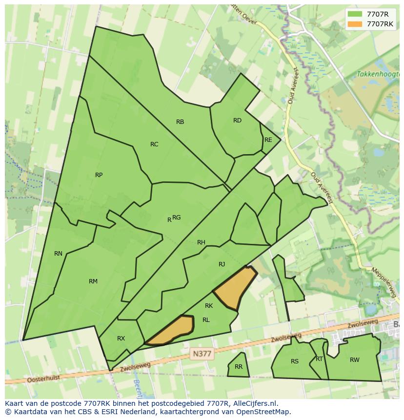 Afbeelding van het postcodegebied 7707 RK op de kaart.