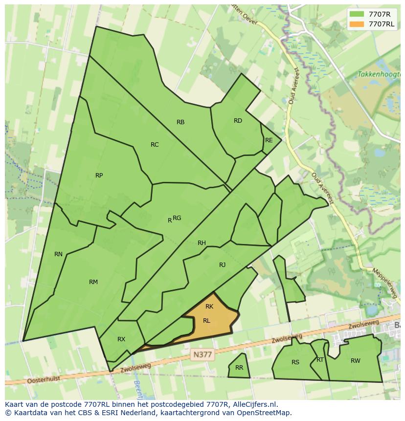 Afbeelding van het postcodegebied 7707 RL op de kaart.