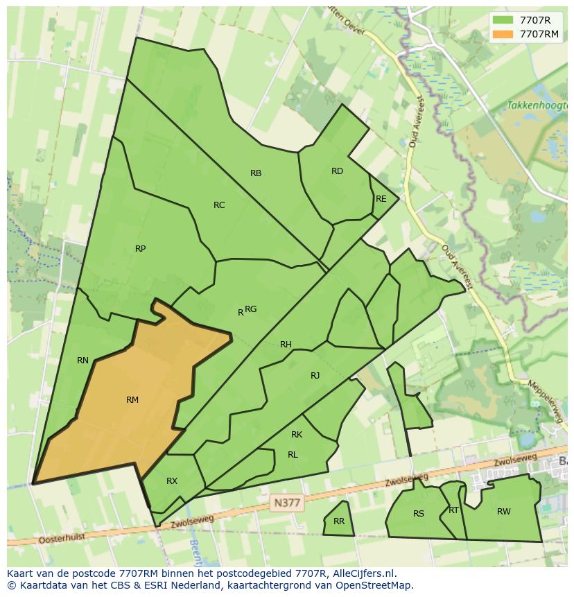 Afbeelding van het postcodegebied 7707 RM op de kaart.