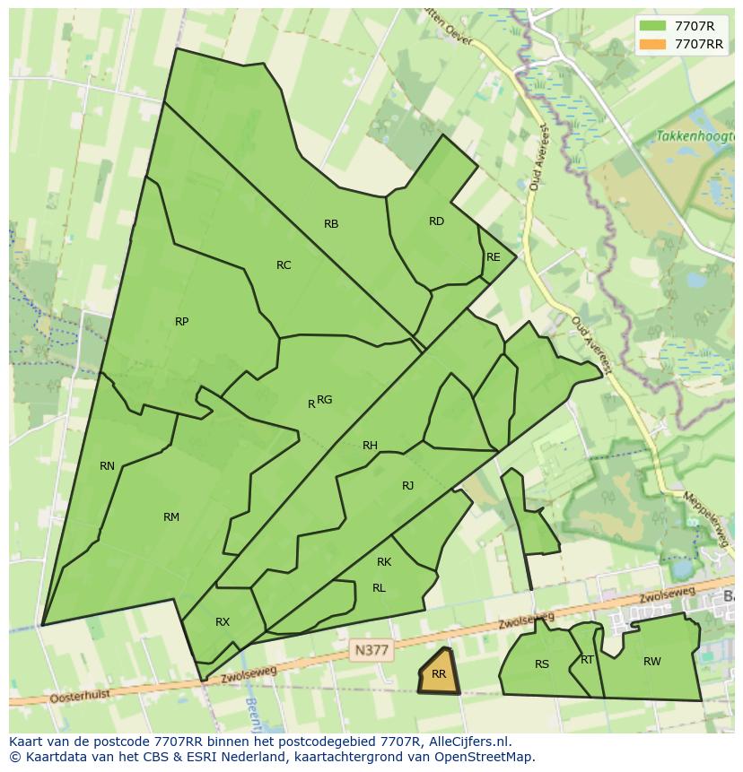 Afbeelding van het postcodegebied 7707 RR op de kaart.