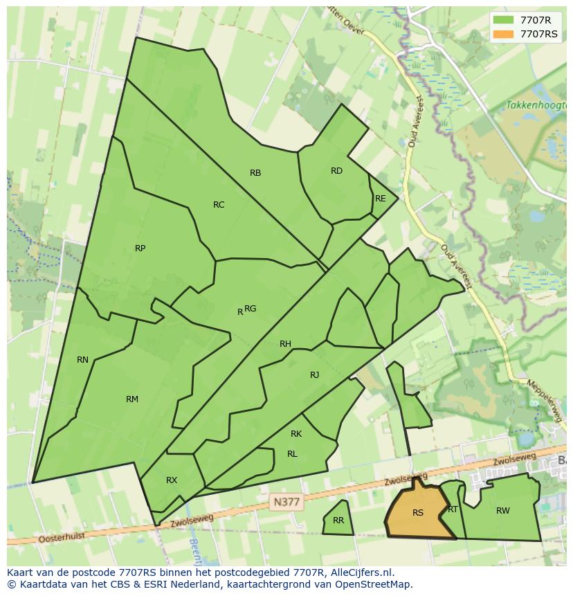 Afbeelding van het postcodegebied 7707 RS op de kaart.