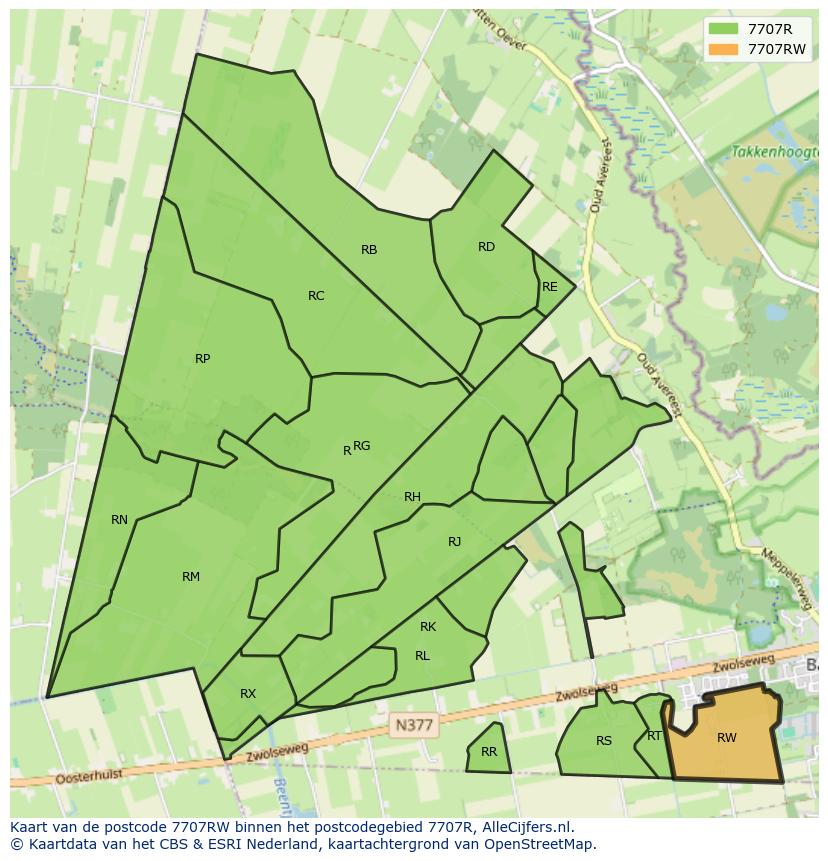 Afbeelding van het postcodegebied 7707 RW op de kaart.