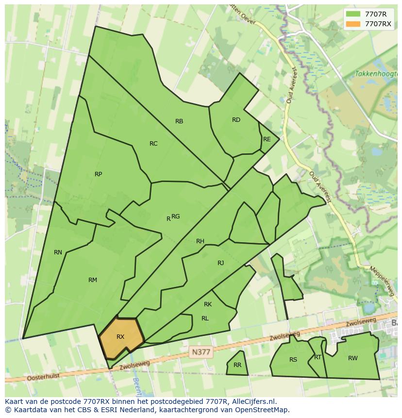 Afbeelding van het postcodegebied 7707 RX op de kaart.
