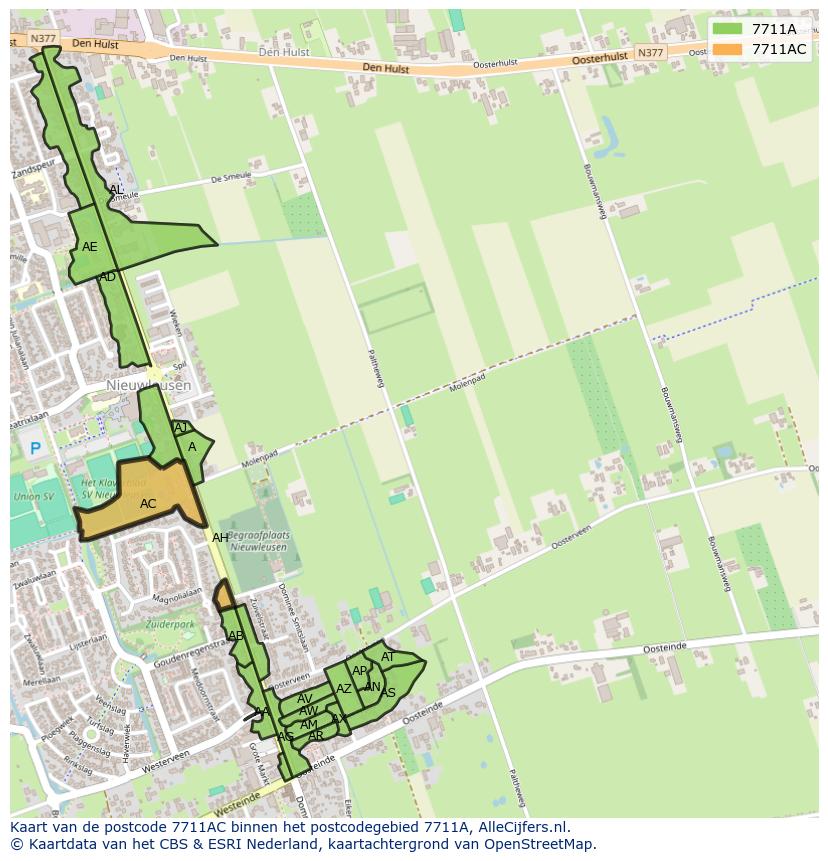Afbeelding van het postcodegebied 7711 AC op de kaart.