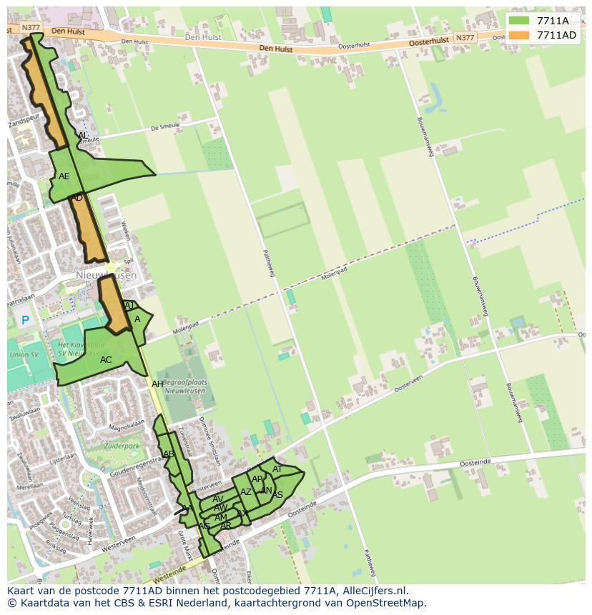 Afbeelding van het postcodegebied 7711 AD op de kaart.