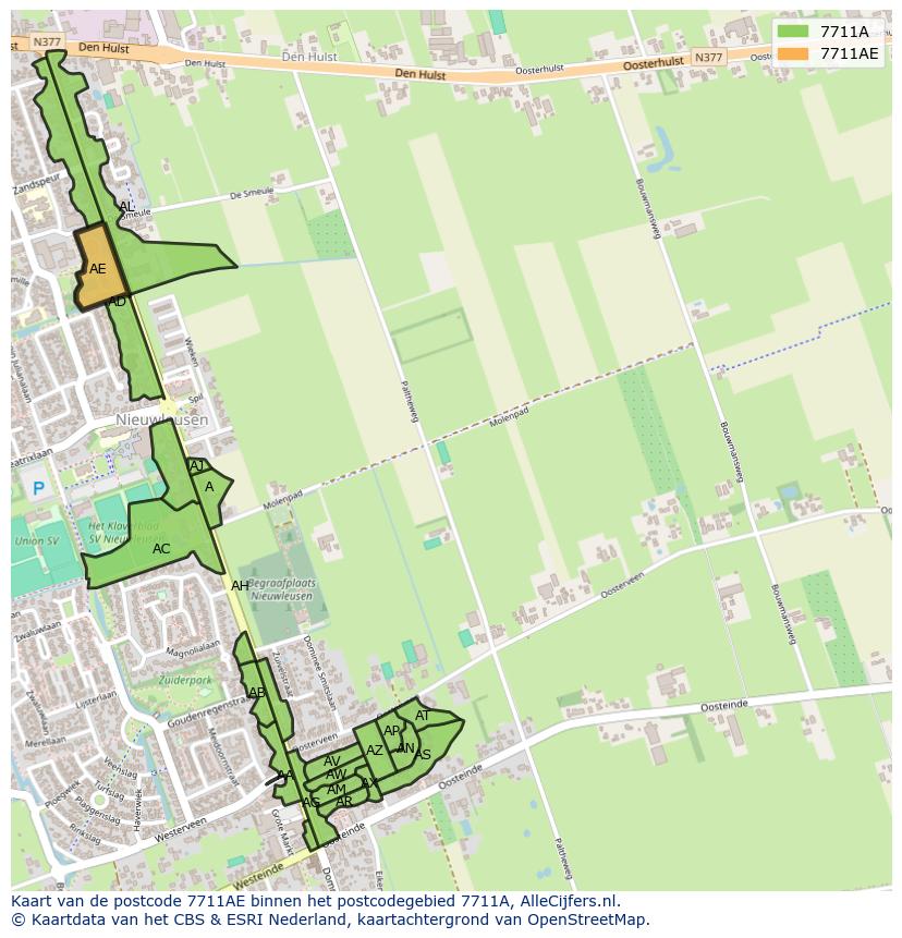 Afbeelding van het postcodegebied 7711 AE op de kaart.