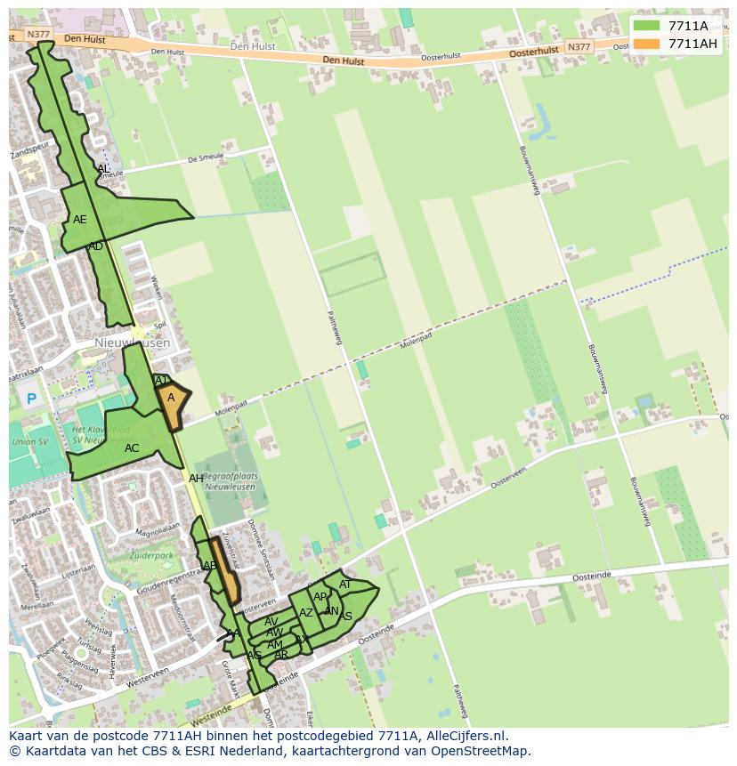 Afbeelding van het postcodegebied 7711 AH op de kaart.