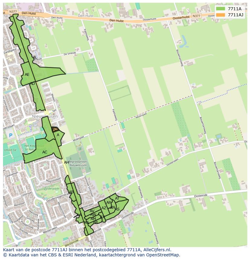 Afbeelding van het postcodegebied 7711 AJ op de kaart.