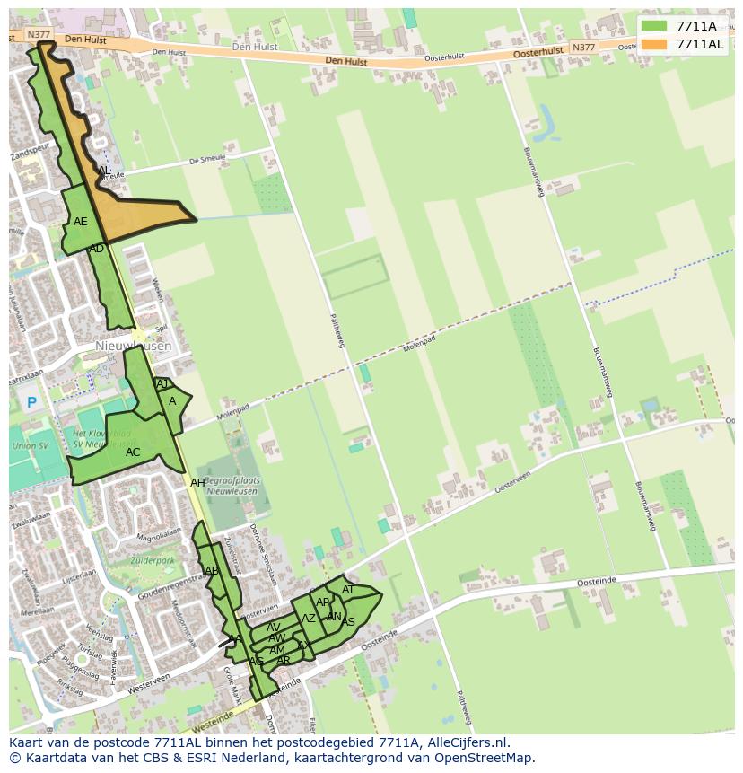 Afbeelding van het postcodegebied 7711 AL op de kaart.
