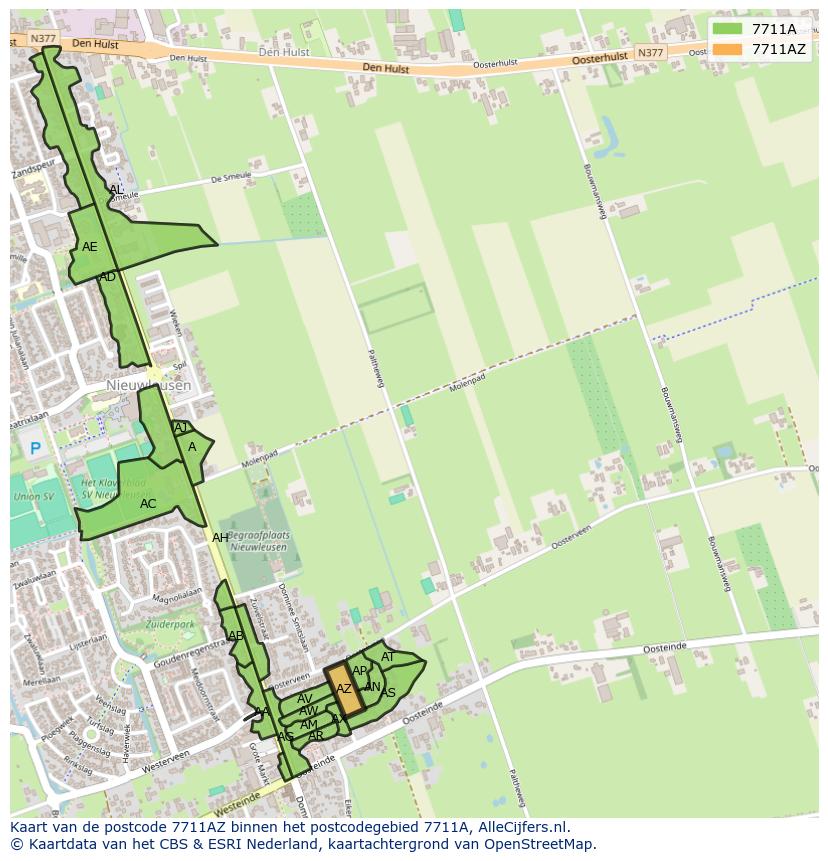 Afbeelding van het postcodegebied 7711 AZ op de kaart.