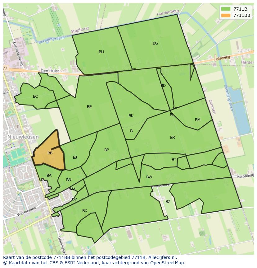 Afbeelding van het postcodegebied 7711 BB op de kaart.