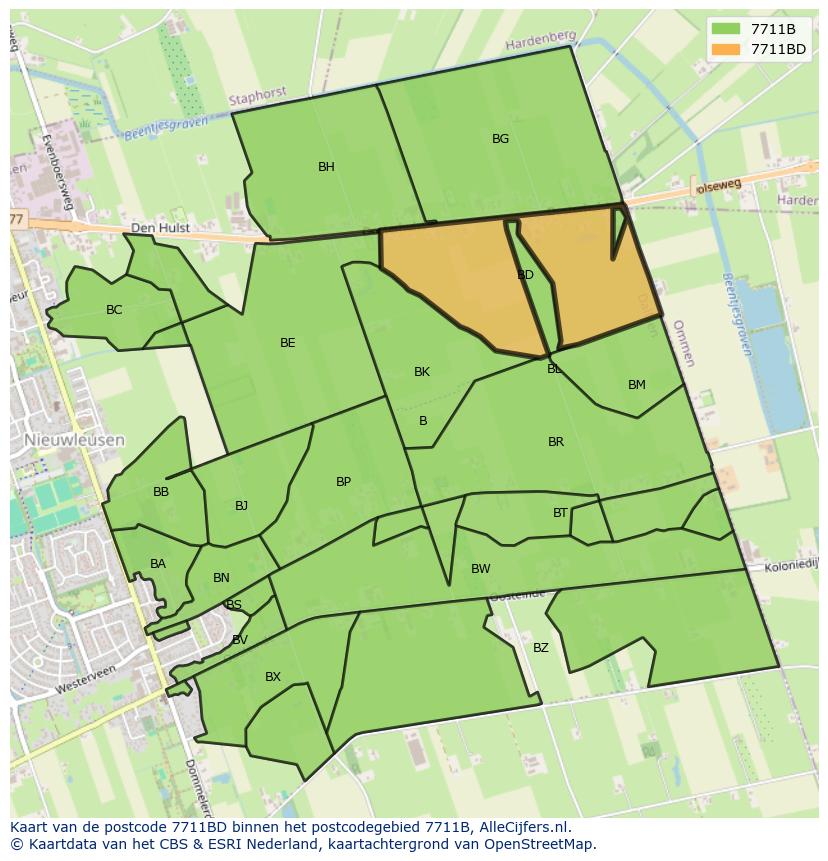 Afbeelding van het postcodegebied 7711 BD op de kaart.