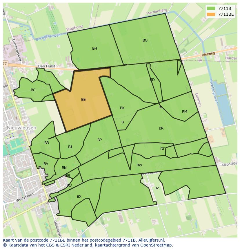 Afbeelding van het postcodegebied 7711 BE op de kaart.