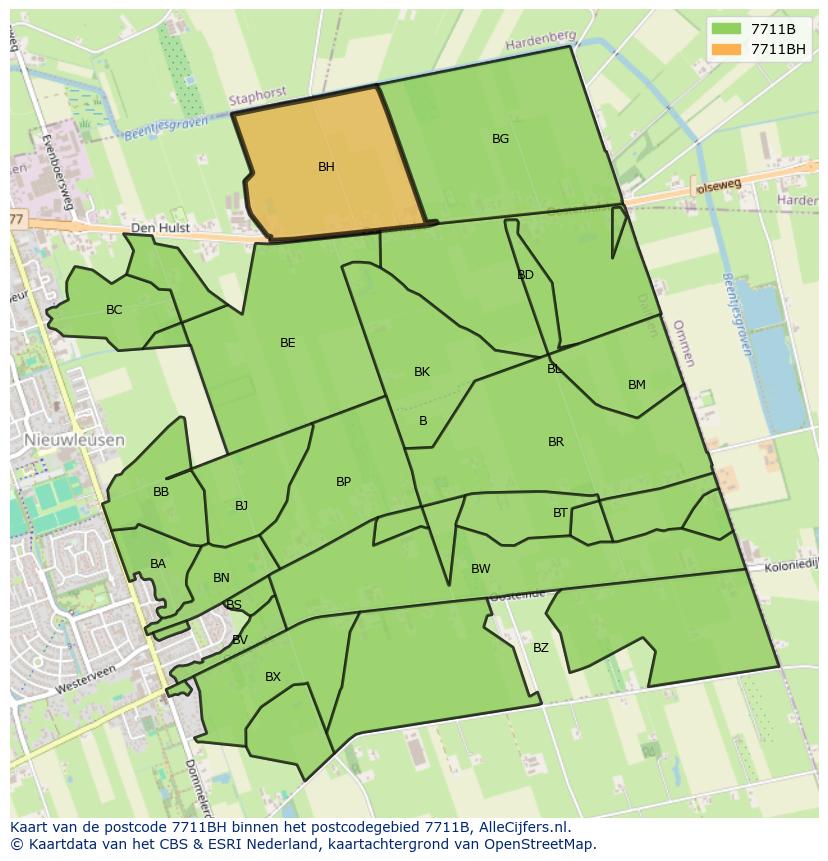 Afbeelding van het postcodegebied 7711 BH op de kaart.