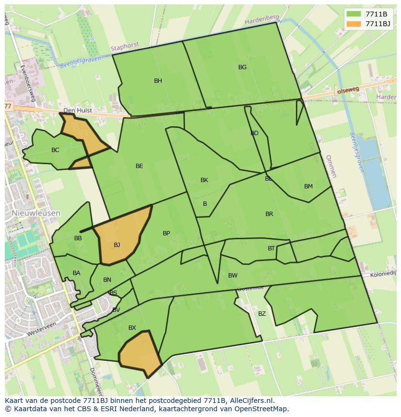 Afbeelding van het postcodegebied 7711 BJ op de kaart.