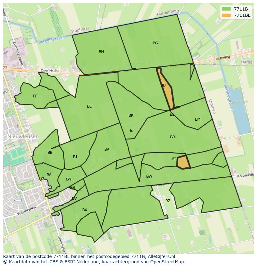 Afbeelding van het postcodegebied 7711 BL op de kaart.