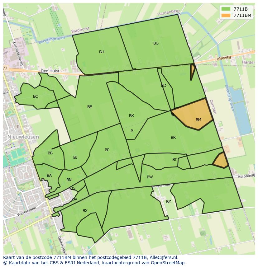 Afbeelding van het postcodegebied 7711 BM op de kaart.