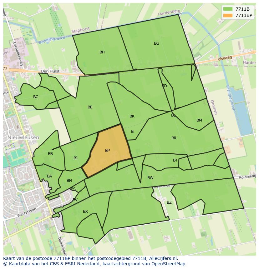 Afbeelding van het postcodegebied 7711 BP op de kaart.