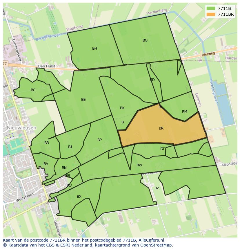 Afbeelding van het postcodegebied 7711 BR op de kaart.