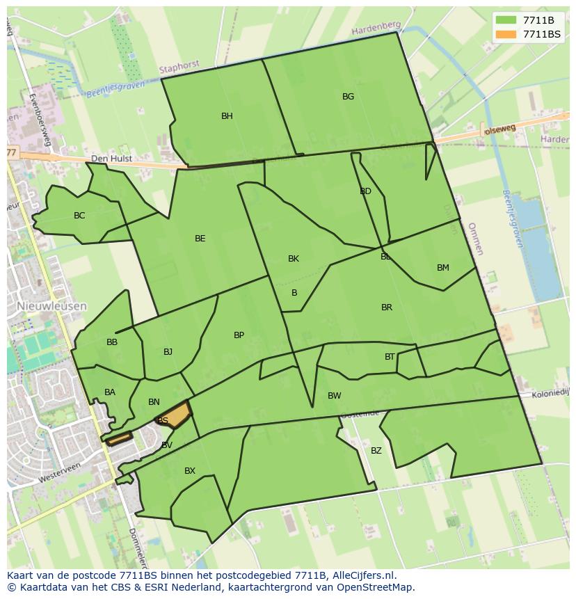 Afbeelding van het postcodegebied 7711 BS op de kaart.