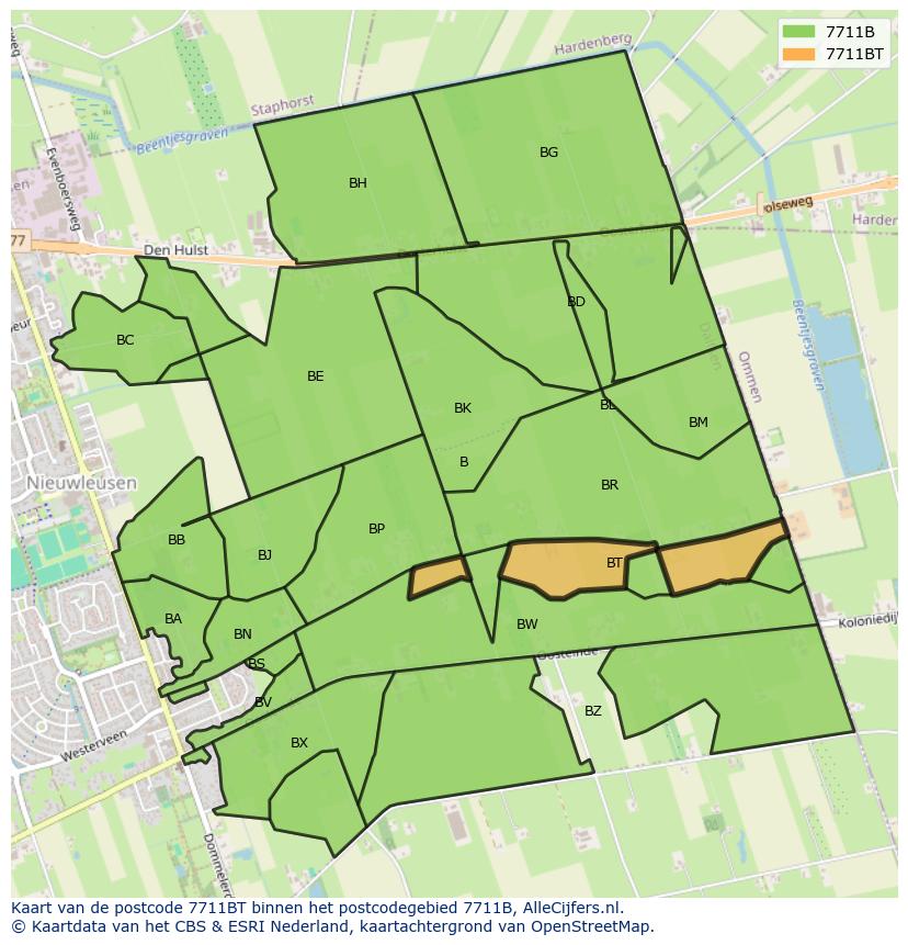 Afbeelding van het postcodegebied 7711 BT op de kaart.