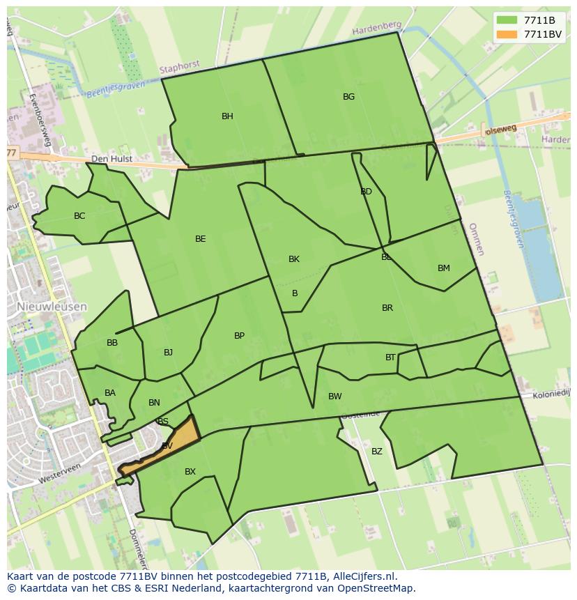 Afbeelding van het postcodegebied 7711 BV op de kaart.